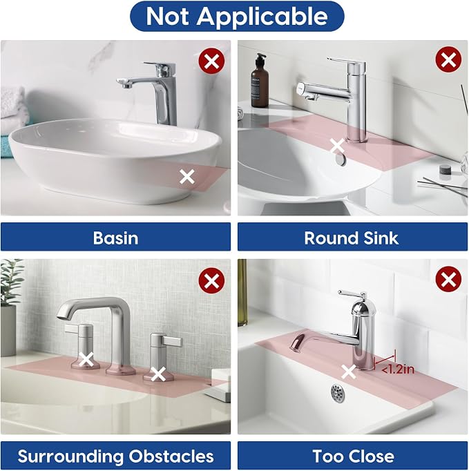 17.7-Inch Silicone Faucet Mat for Kitchen Sink Splash Guard, 7° Slope | 17.7"x5.5" water draining mat with fasten button; 1.6-2.75" customizable hole for bathroom, RV & kitchen sink drip catcher.