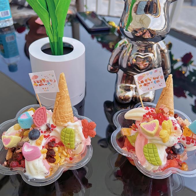 8 oz Plastic Dessert Cups with Spoons, 100ct | Clear Flower Shaped Party Sundae Serving Bowls, Parfait Appetizer Cups for Ice Cream, Nuts, Salad