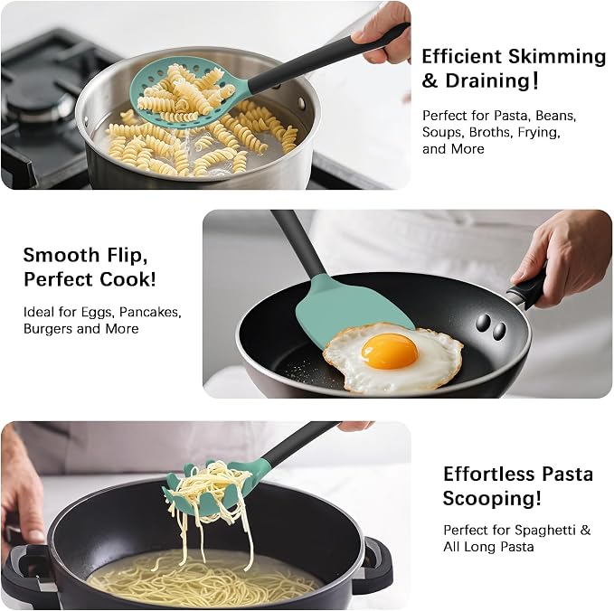Coukre Silicone Kitchen Cooking Utensils Set, Heat Resistant, 14-Piece | Dishwasher-Safe, Food-Grade Silicone, BPA-Free, Spatulas, Spoons & Turner, Safe for Nonstick Cookware, AquaGreen