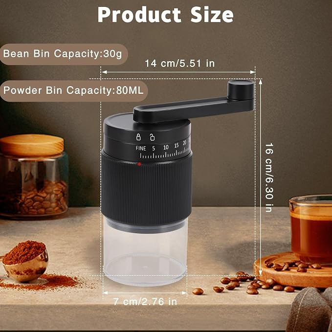 Manual Coffee Grinder with Ceramic Conical Burr, Adjustable Coarseness, 30g Capacity Hand Coffee Grinder for Espresso, French Press, Pour Over, Detachable Handle, Travel & Camping
