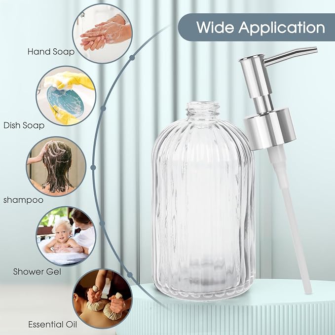 Topsky Stripe Glass Soap Dispenser with Plastic Pump, 400ml Liquid Hand Soap Dispenser, Rustproof Pump for Kitchen & Bathroom, Great for Lotions, Essential Oil, Liquid Soaps,Transparent