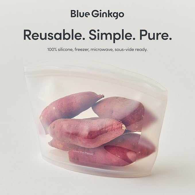 Blue Ginkgo Silicone Food Storage Bags, 3-Pack, Reusable, Made in Korea | Leakproof. Stand Up. Freezer and Dishwasher Safe. (Clear)