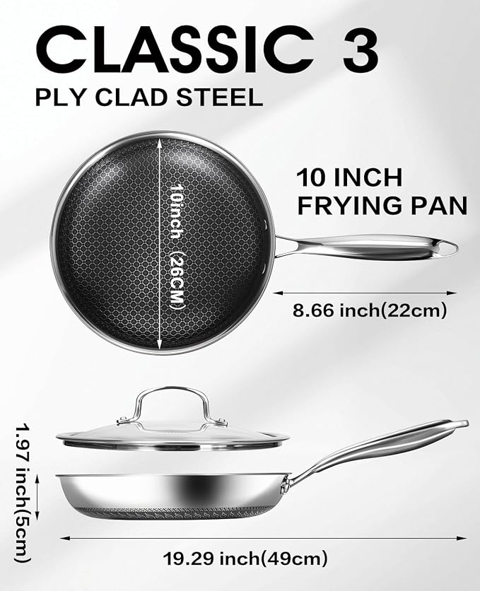 USELUCK Hybrid Non stick Frying Pans with Glass Lid, 10-Inch Frying Pan. | Stainless Steel Skillet with Honeycomb Surface,Oven-Safe,PFAS-Free,Compatible with All Cooktops.