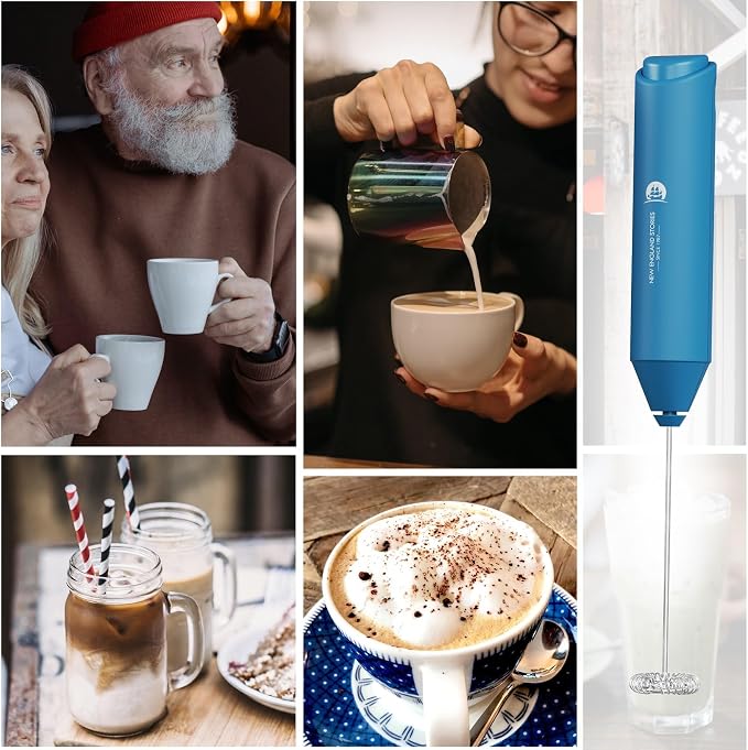 England Stories Electric Milk Frother Handheld, Battery Operated Whisk Beater Foam Maker for Coffee, Cappuccino, Latte, Matcha, Hot Chocolate, Mini Drink Mixer, No Stand, Metal Blue
