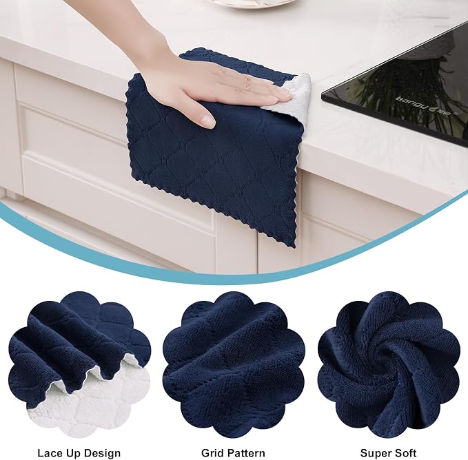 Homaxy 12 Pack Super Soft Dish Cloths, 10" x 10", Navy Blue & White | Coral Velvet, Nonstick Oil Fast Drying Microfiber Cleaning Cloth, No Lint Household Dishcloths