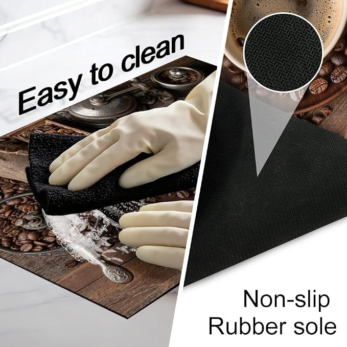 Coffee Stove Top Cover, Cafe Kitchen Decor, 28x20 in | Coffee beans, grinder and espresso cup flatlay on dark wood; flat-printed non-slip mat; protects glass cooktops; 28x20 in