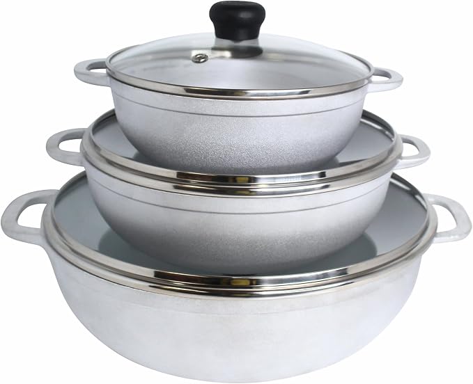 IMUSA 1.5, 2.5 & 5.2 Qt Cast Aluminum Caldero 3 Piece Set with Glass Lid | Polished Finish, Glass Lid with Riveted Handles, Ideal for Rice and Stews, Perfect for Serving Medium and Small Groups