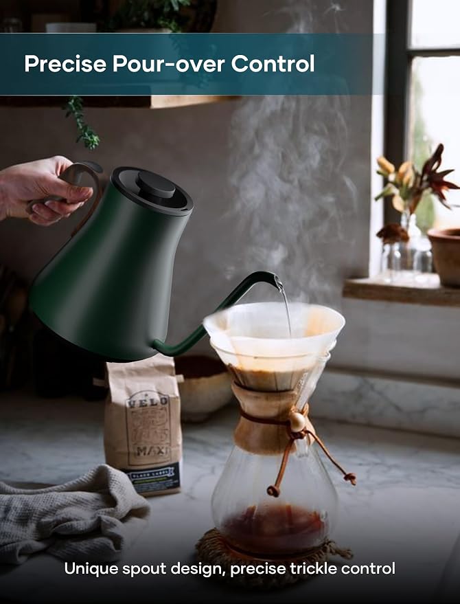 INTASTING Gooseneck Electric Kettle with 1℉ Temperature Control, 0.9 Liter | Fast Heating, Stainless Steel Interior, for Pour Over Coffee, Tea & Boiling Water, Keep Warm, Auto Shut-Off, Forest Green
