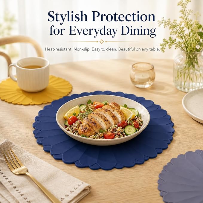 Heat-Resistant Silicone Trivet Mats, Non-Slip Hot Plate Holder for Kitchen Countertops & Dining Table, Reusable Pot Holder Pad with Secure Grip, Dishwasher Safe (Blue, Diameter: 30cm/11.81")