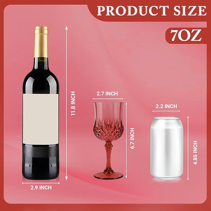 24Pack Plastic Wine Glasses, 7oz Vintage Goblets for Wedding | Unbreakable Crystal Style Reusable Stemware, Elegant Burgundy Drinking Glass for Party Anniversary & Holiday Celebration