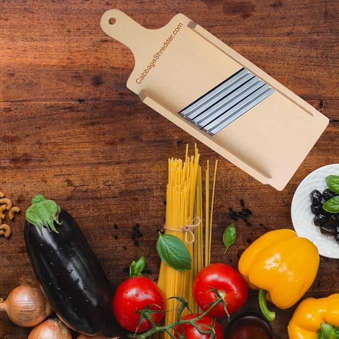 Wooden Cabbage Shredder, Vegetable Slicer | Three Blades, Pre-Oiled, Cut Resistant Glove Included, For Sauerkraut, Coleslaw, Salads