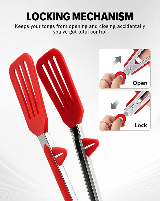 Kitchen Tongs for Cooking, Non Scratch Silicone Tip for Nonstick Cooking Pans, Food Grade Mini Serving Tongs, Pull Lock, Set of 3 (Red, 9 inch)