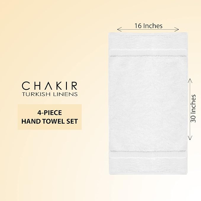 Chakir Turkish Linens 100% Cotton Premium Turkish Towels for Bathroom | 16'' x 30'' (4-Piece Hand Towel, White) | 100% cotton hand towels, 4-pack 16x30, OEKO-TEX certified, soft absorbent for the bathroom