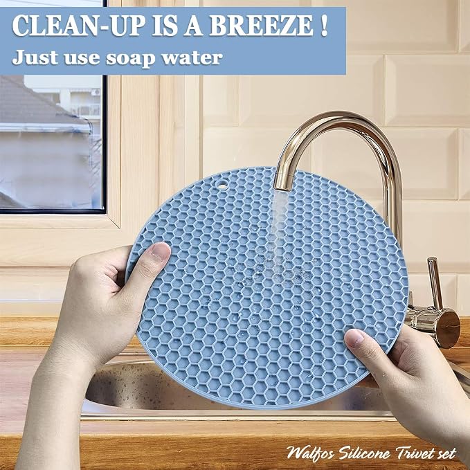 Silicone Trivet Mats - Walfos Heat Resistant Pot Holders Set, 4pcs 2 Sizes 7 Inch & 9 Inch, Multipurpose Non-Slip Hot Pads for Hot Pot, Hot Dishers, Jar Opener, Food Grade & BPA Free (Nordic Blue)