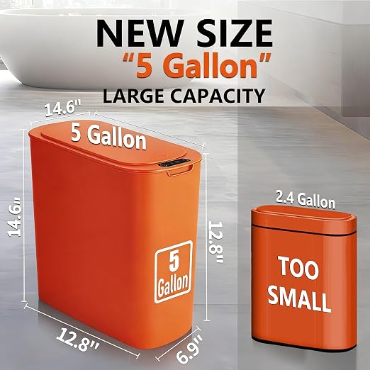 TIPGO 5 Gallon Automatic Bathroom Trash Can with Lid, Orange, Touchless | Motion Sensor, Slim Smart Garbage Bin, Plastic Wastebasket, Battery Operated, Manual Button, for Bedroom, Office,RV