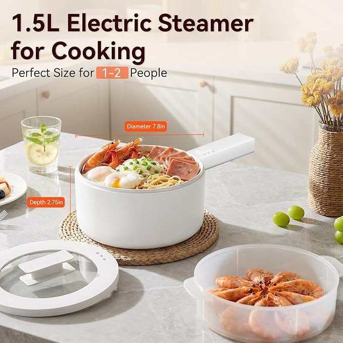 Electric Hot Pot with Steamer, 1.5L Pot with Ceramic Non-stick Coating | Dual Power Multi-functional Electric Cooker, Suitable for Steak, Pasta, Hot Pot, Ramen, Electric Pot for Dorm