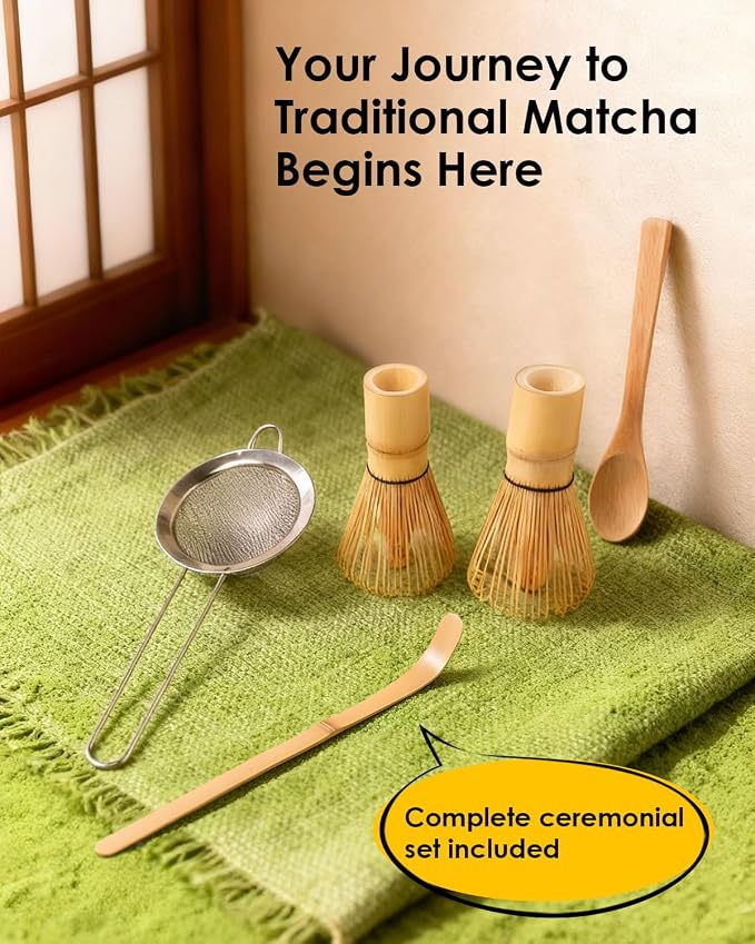 Bamboo Matcha Whisk Set with 2-pack Matcha Whisk, Sifter,Tea Scoop & Spoon | Handcrafted Traditional Japanese Chasen, Natural Bamboo Matcha Kit for Authentic Matcha Tea Preparation