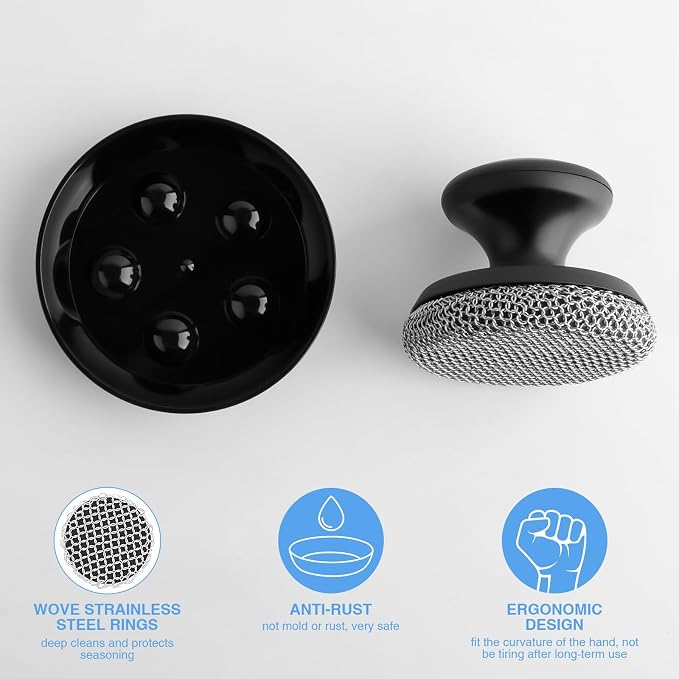 Cast Iron Scrubber Cleaner, Chainmail Scrubber for Cast Iron Pan Skillet, Dish Scouring Pad, 316 Stainless Steel Brush/Scraper for Metal Skillet Scrubbing, Wok, Dutch Oven Cleaning Kit - Thin Mesh