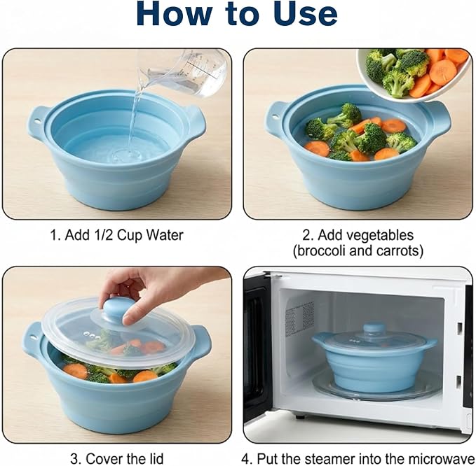 42oz Silicone Microwave Steamer For Cooking, Collapsible Food Steamer For Vegetable, Seafood, Soup, Leftovers, Rice Cooker, BPA Free Steam Pot with Handle & Lid, Dishwasher Safe (Dark Blue), 1 Pack