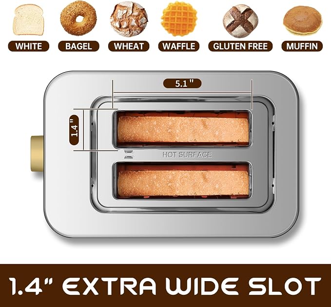 SEEDEEM Touchscreen Toaster 2 Slice, Stainless Steel, 6 Shade, 900W, Black