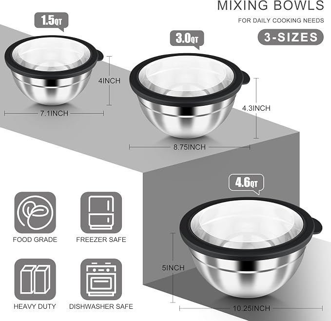 HaWare Mixing Bowls with Airtight Clear Lids, 6-Piece Nesting Bowls Set | Stainless Steel Salad Bowl for Cooking, Prepping, Baking, Serving & Food Storage, Size 4.6, 3, 1.5QT, Black