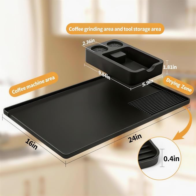 Silicone Coffee Mat and Espresso Tamping Mat, Detachable Espresso Mat Accessories, Coffee Bar Mat Suitable for Use Under coffee Maker, Dish Drying Mat for Kitchen Countertop Protector Mat, Black