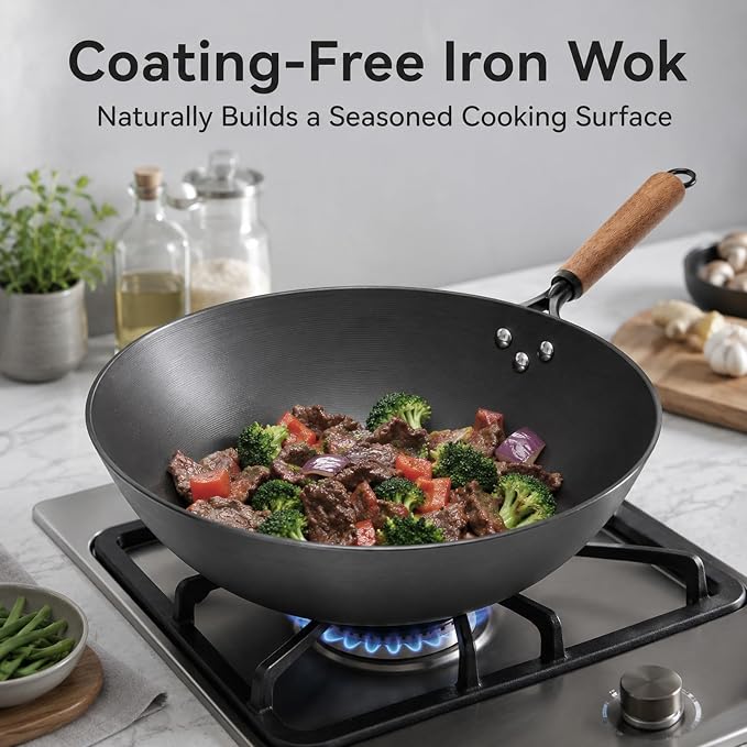 Carbon Steel Wok with Glass Lid, 12.6 Inch Flat Bottom Stir Fry Pan, Rolled Edge Spun Wok Pan, Coating-Free Wok for Induction, Gas & Electric Cooktops, 3–4 Servings
