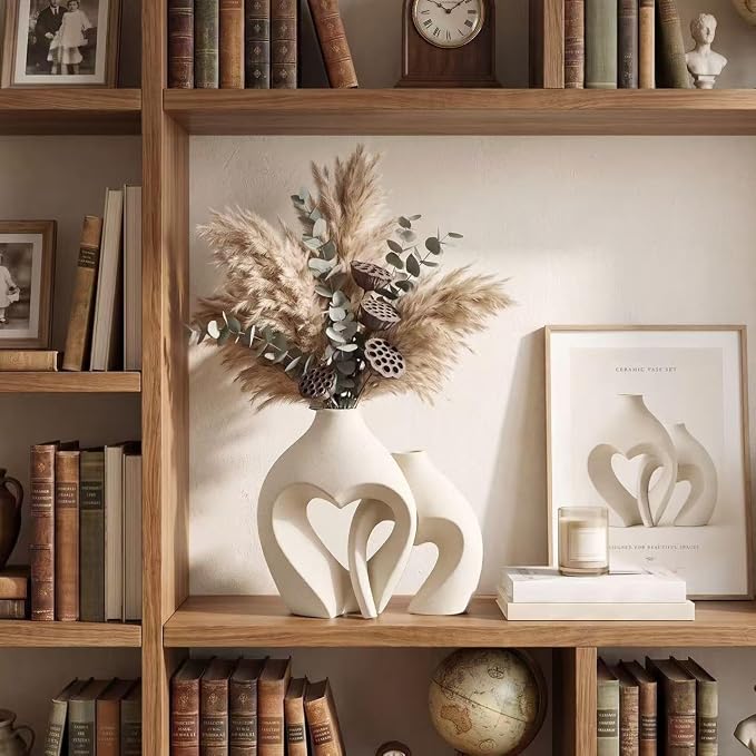 White Ceramic Flower Vase Home Table Decor Heart Shaped Vase Set of 2 | Boho Heart Shaped Minimalist Decorative Vases for coffee Table Centerpiece Wedding Dining Living Room Office House Decoration