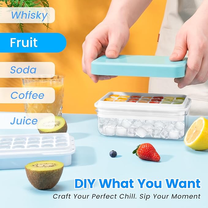 Ice Cube Tray with Lid and Bin, Easy Release 56 Cubes for Freezer | Food-grade BPA-free PP and ABS. Ice cubes for fruit, cocktails, iced coffee. Space-saving stackable with scoop