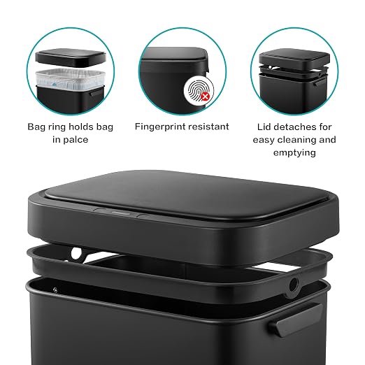 13 Gallon Trash Can, Touchless Stainless Steel Kitchen Bin (Black) | Automatic Motion Sensor Lid | 50L Fits 13 Gal Tall Kitchen Bags | Anti-Fingerprint Brushed Finish | For Home Office