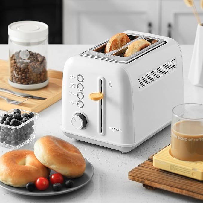BUYDEEM DT620 2-Slice Toaster, 7 Shade Settings, Extra Wide 1.5'' Slots for Bagel & English Muffin, 6 Toasting Functions, Retro Stainless Steel Toaster with High Lift Lever, Arctic White