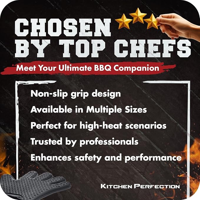 KITCHEN PERFECTION Silicone Smoker BBQ Gloves - Heat Resistant Oven Mitts | Waterproof, 5-Finger Design For A Better Grip, for Pitmasters, Meat Smoking, Grilling, Cooking, Frying Turkey | Grill Gift