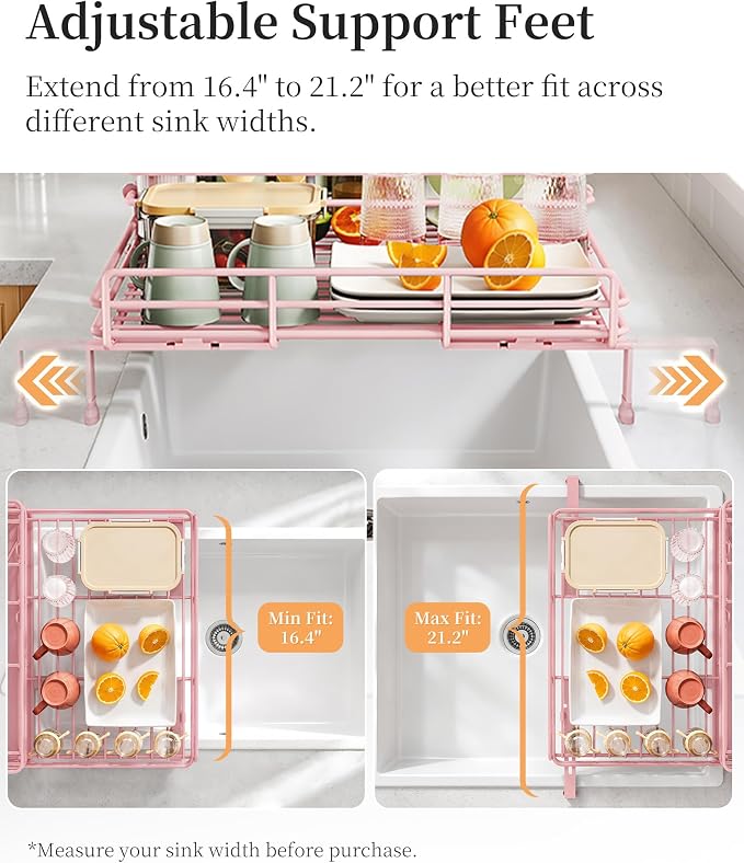 SAYZH Expandable Dish Drying Rack for Kitchen Counter, Metal, Pink | Foldable Over Sink, Large Capacity, Rust-Resistant, Adjustable for Most Sinks, Automatic Drainage, Removable Utensil Holder
