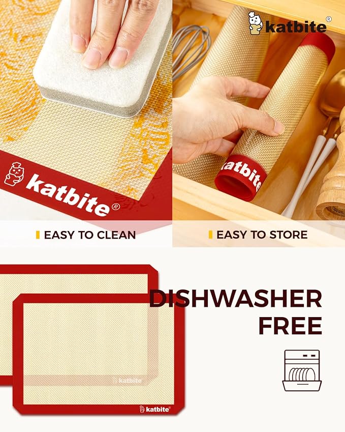 Katbite Silicone Baking Mat Set of 3 Red | 2 Half Sheets Mats + 1 Quarter Baking Sheet, Reusable & Nonstick Bakeware Mats for Cookies, Macarons, Bread