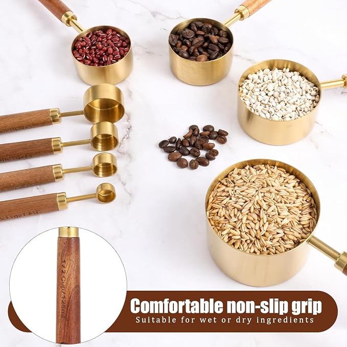 Golden Steel Measure Cups Spoons Wood Handle US Metric Cooking Baking | Food grade golden steel rustproof nonstick safe non slip wood handle US metric marks easy bake cook clean