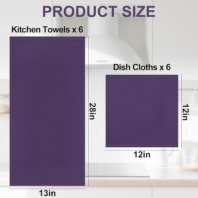 Homaxy 12 Pack 100% Cotton Kitchen Towels and Dishcloths Set, Eggplant | 12 x 12 Inches and 13 x 28 Inches Kitchen Towels Set, Ultra Soft Absorbent Dish Cloths for Washing Dishes