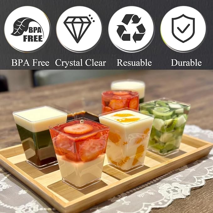 Hiasobre 5 oz Plastic Dessert Cups with Lids and Spoons, 100 Pack | Clear Reusable Square Mini Parfait Appetizer Cups, Shooter Serving Cups, Party Dessert Shot Glasses for Tasting