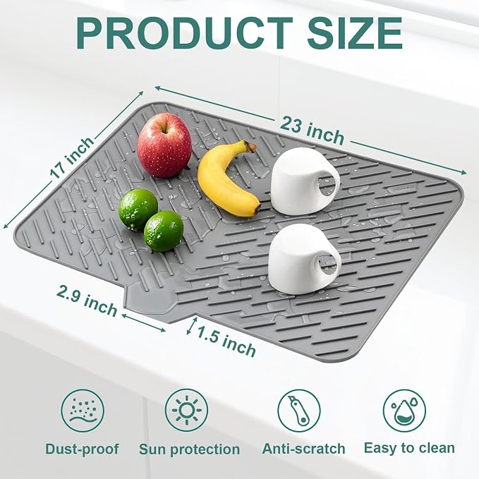 Silicone Dish Drying Mat for Kitchen Counter, 23" x 17" Grey-1pcs | Heat Resistant & Non-Slip Dish Drain Pad with Built-In Drain, Quick-Dry, Hangable & Roll-Up for Storage，Multi-Functional Use