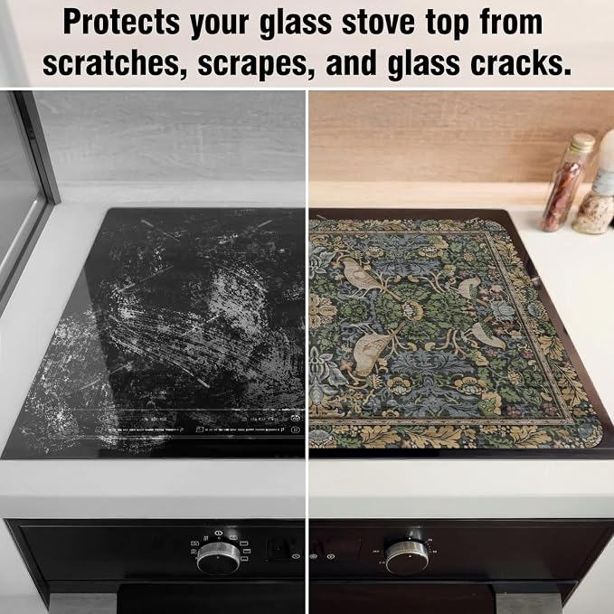 Boho Stove Top Cover for Electric Stoves,Vintage Bird & Botanical Floral Farmhouse Stove Top Cover for Kitchen Decor,Heat Resistant Cooktop Protector Mat,Non-Slip Washable Dish Drying Mat 28"x20"