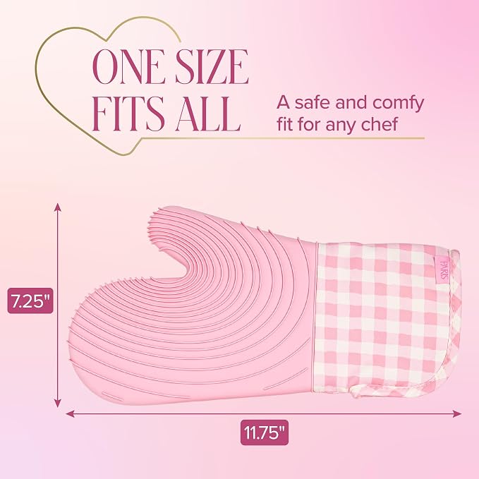 Paris Hilton Oven Mitt Set with Limited Edition Pink Gingham Design, Heat Resistant Pot Holders Featuring Non-Slip Textured Silicone Grips, 2-Piece Set, Pink