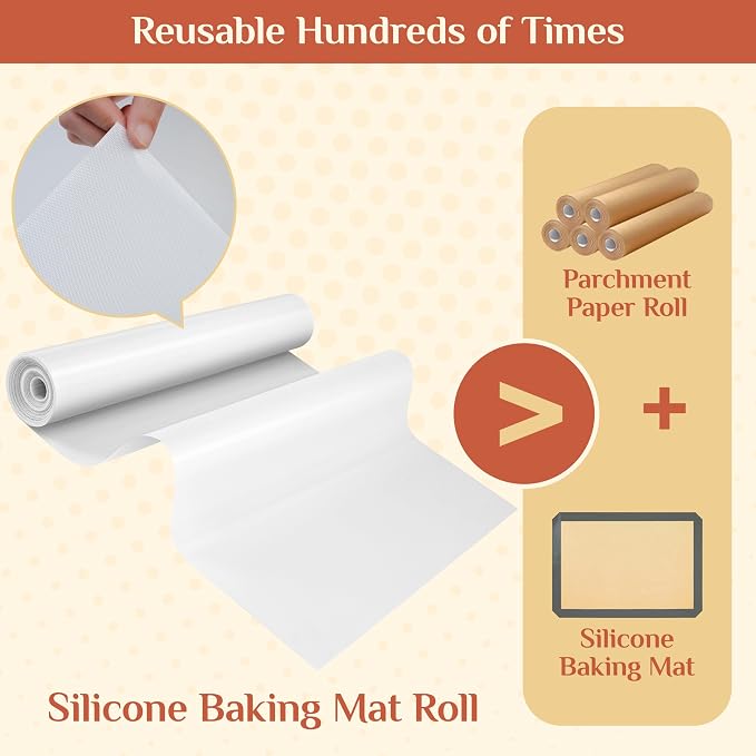 GTJ Silicone Baking Mat Roll, Reusable Baking Sheet Liners, 20 in x 6 ft | Free Cut to Size, Food-Grade, Non-Stick, Non-Slip, For Dough, Pastry, Air Fryer, Freeze Dryer, Oven Pan, Kitchen Counter