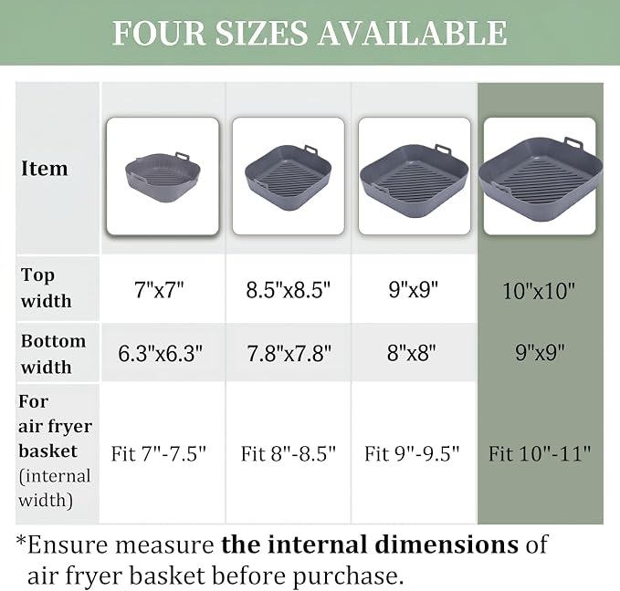 Golden Associate Silicone Liners Square for Air Fryer, 2 Pcs Non-stick Food-grade Reusable Basket Silicone Pot Baking Tray Airfryer Accessories, Top Size 10 inches, Bottom Size 9 inches