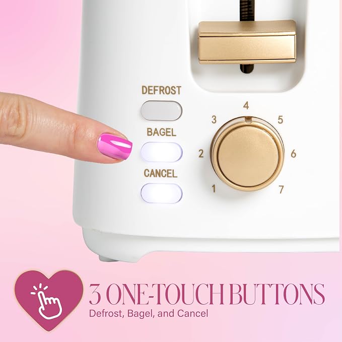 Paris Hilton 2-Slice Toaster, Extra-Wide Slots, 7 Browning Settings, Bagel & Defrost Functions, Removable Crumb Tray, White