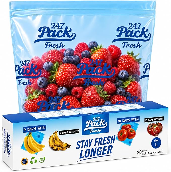 Freshpack 247 Reusable Produce Bags Size L 12 x 14 in, 1.5 Gallon 20 Pack Green Produce Bags for Fruits and Vegetables, Food Storage Bags With Zipper, Helps Keep Produce Fresh, Pantry Meal Prep