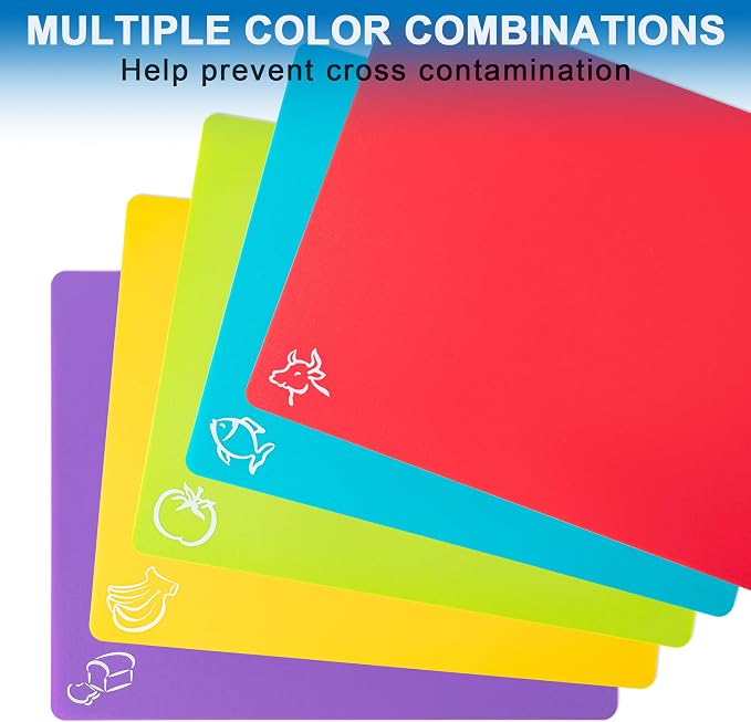 5 Pieces Flexible Plastic Cutting Board Mats with Food Icons, BPA Free Cutting Boards for Kitchen, Non Slip Cutting Mat for Meat and Vegetables (Red, Bright Yellow, Light Green, Purple, Lake Blue) | BPA Free Cutting Boards for Kitchen, Non Slip Cutting...