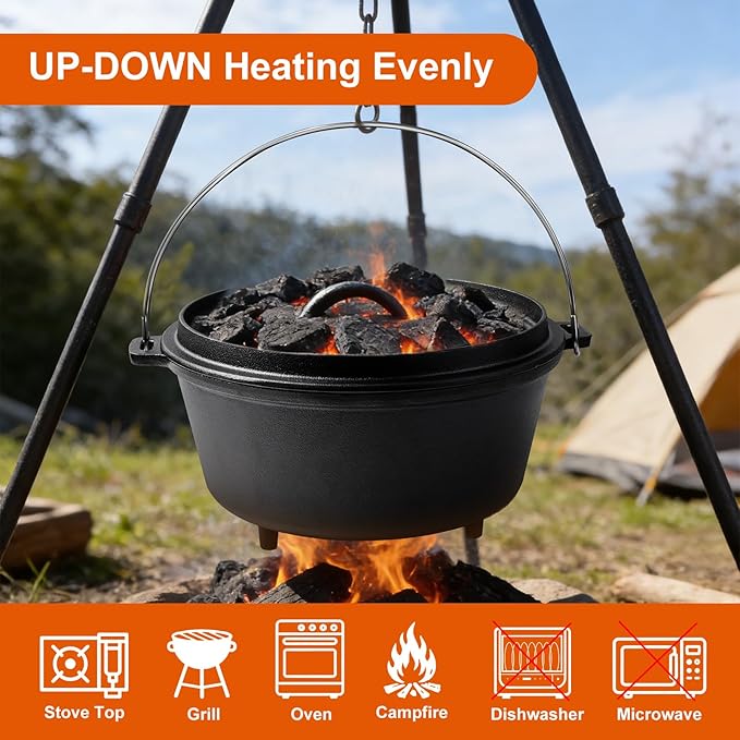 Pre-Seasoned 8QT Large Cast Iron Camping Dutch Oven Pot with Lid | Heavy- Duty Camping Cookware incl. Lid Lifter - Dual Handles - for Outdoor Campfire, Grill, Oven & Stovetop Cooking Black
