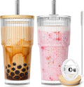 KEMORELA 20oz Ribbed Glass Tumblers with Bamboo Lids & Straws, Boba Cups | Stainless steel straws, bamboo & leak-proof dual lids. 13mm wide straw. Vintage. For boba, iced coffee, smoothies & travel.