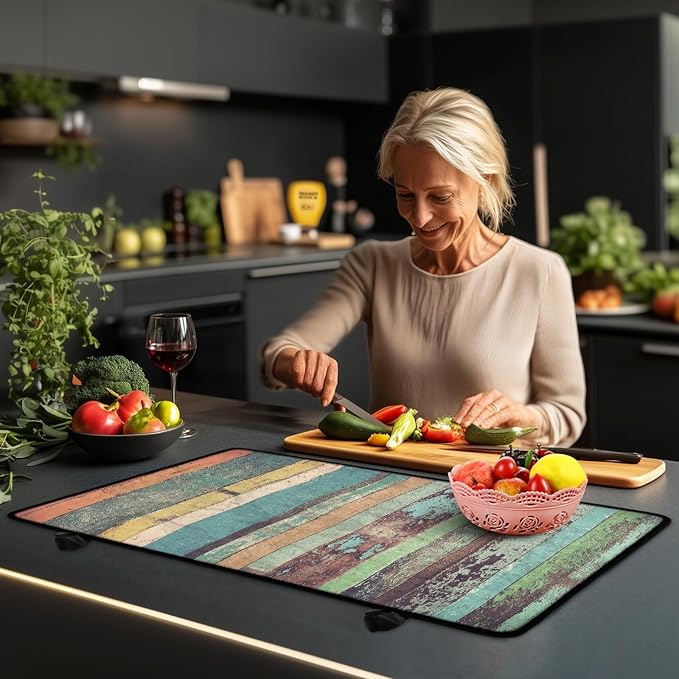 Wooden Stripe Stove Top Covers for Electric Stove, Vintage Colorful Wooden Plank Glass Stovetop Cover with Lanyard Rustic Wood Grain Countertop Protector Mat for Kitchen 28 x 20 Inch