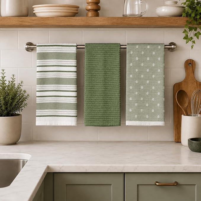 Sage Green Striped Kitchen Hand Dish Towels, Set of 3, 100% Cotton, 16x26 | Striped Solid Polka Dot Design, Soft Absorbent Cleaning Drying Cloth, Multipurpose for Everyday Use