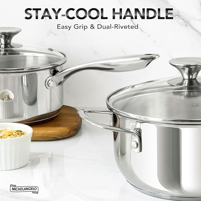 MICHELANGELO Stainless Steel Pot Set with Lids 1QT & 2QT & 3QT, Stainless Steel Saucepan Set 6pcs, 18/10 Induction Saucepans, Induction Compatible, Dishwasher Safe